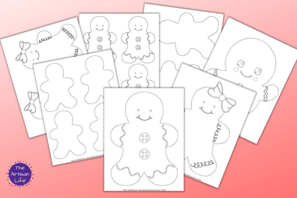 7 printable gingerbread man and gingerbread girl templates on a red background. Patterns include large ginger boys and girls and blank gingerbread man templates that are two to a page and four to a page.