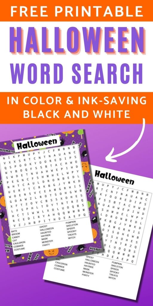 text "free printable Halloween word search in color and ink-saving black and white" Below is a purple gradient with a preview of the word searches. One has a purple Halloween background and the other is in black and white