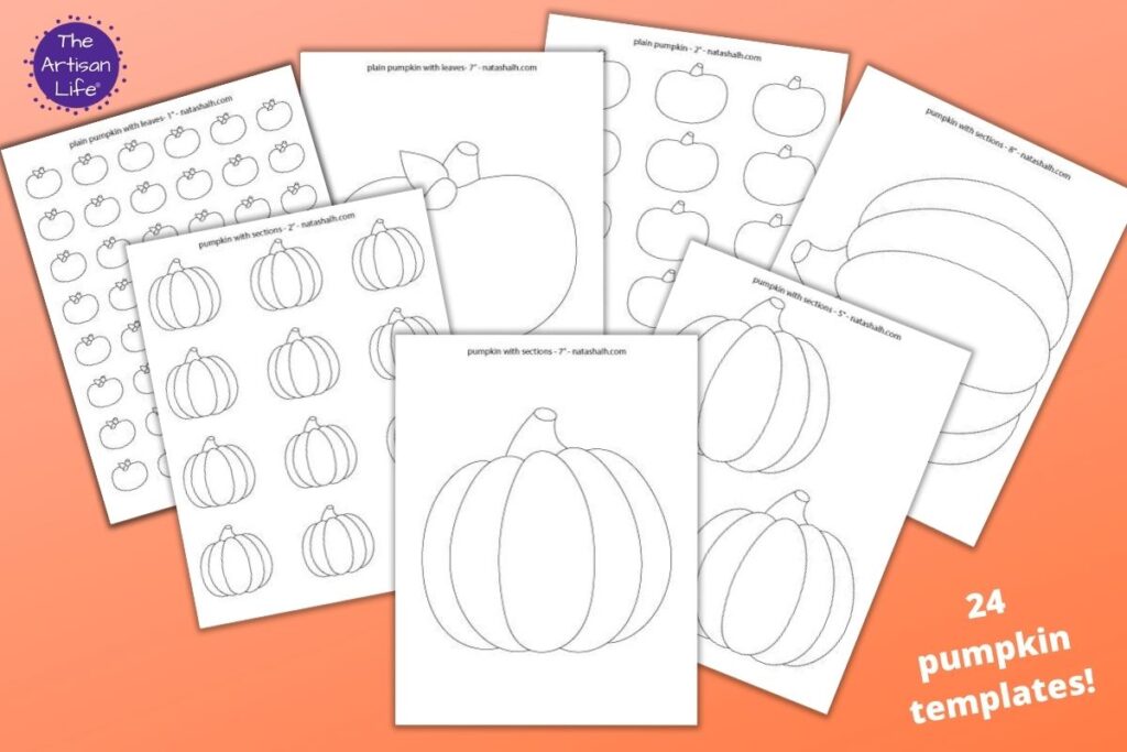 7 printable pumpkin templates on an orange background with the text "24 pumpkin templates!" There are simple segmented pumpkins, large pumpkin templates, and plain pumpkin outlines to color.