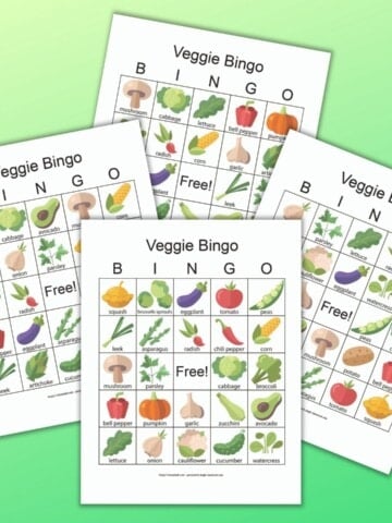 four free printable vegetable bingo boards on a green background. The boards have simple illustrations and each vegetable is labeled.