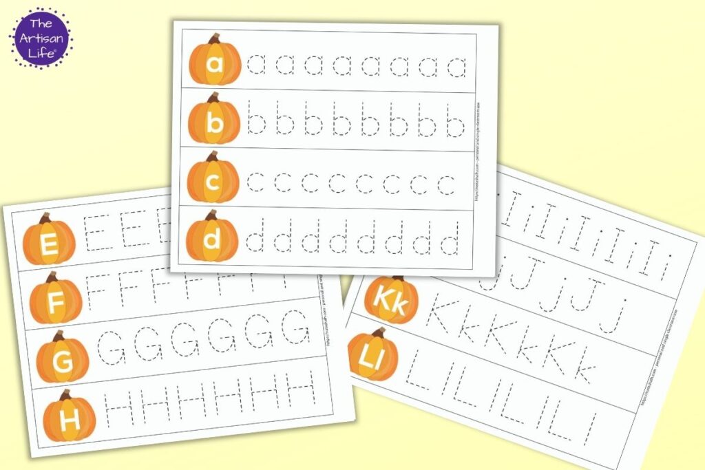Three printable pumpkin themed letter tracing strips. One has letters a, b, c, and d with dotted letters to trace. Behind and to the left is a printable with letters E, F, G, and H with letters to trace. In the bottom right is a page with uppercase and lowercase letters on the same page. Ii, Jj, Kk, and Ll