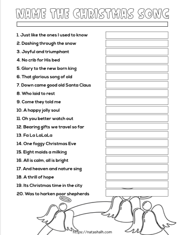 name the Christmas carol party game printable with 20 song lyrics to identify