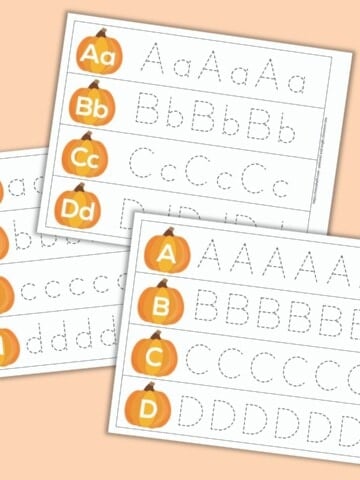 a preview of three pages of printables. Each page has four letters on individual pumpkins with lines of letters in a dashed font to trace. The pages have letters a, b, c, and d; e, f, g, and h; and q, r, s, and t. The printables are on a light beach colored background.