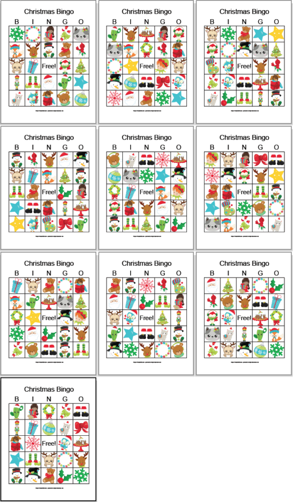 10 free printable Christmas bingo cards with cartoon secular Christmas images. The cards are in a 3x3 grid with the final image alone on the 4th row.