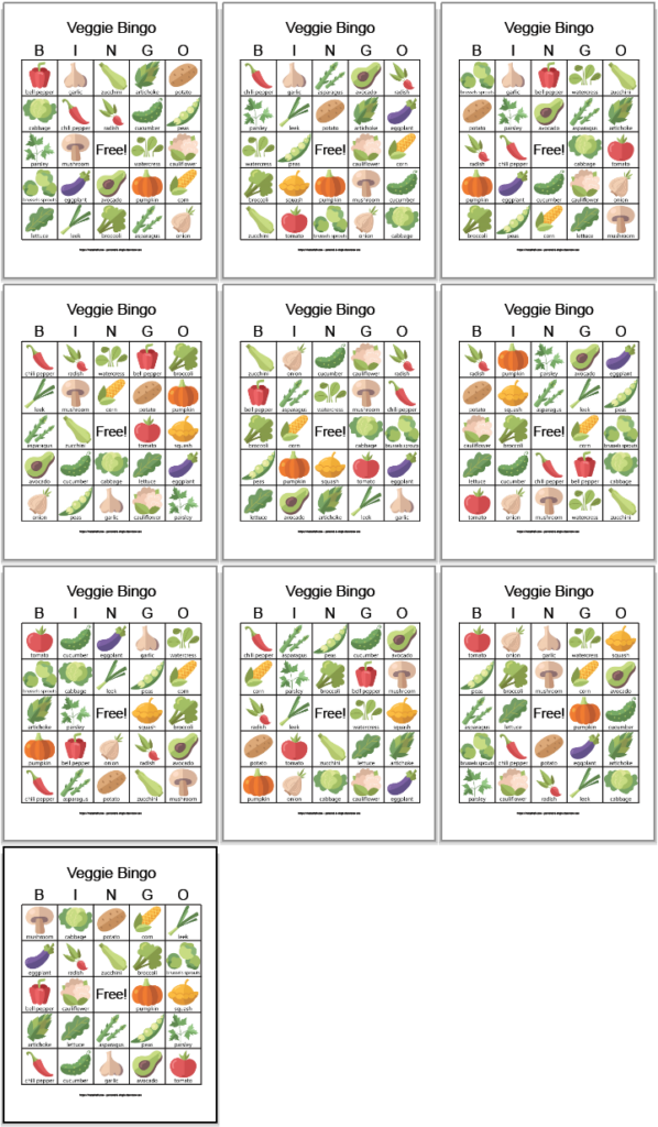 Ten printable vegetable bingo boards with illustrations. There are three rows of three cards and a final card on a row by itself. Each square has a simple vegetable illustration and the vegetable's name.