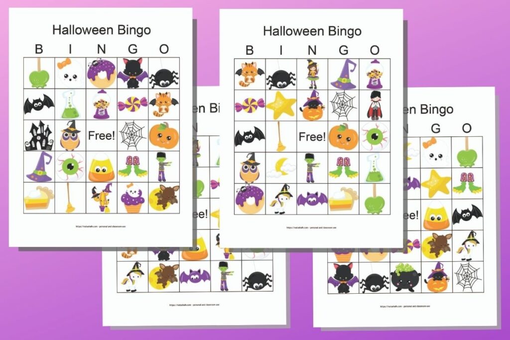 four free printable Halloween picture bingo boards featuring cute cartoon images on a purple background. 