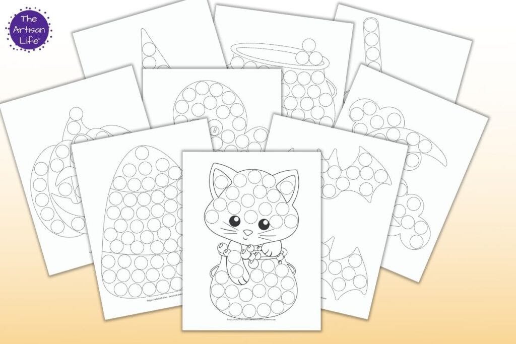 9 printable Halloween dab a dot printables for toddlers and preschoolers on a light orange background. Images include A candy apple
Candycorn
A jack o'lantern
A cute ghost
A witch hat
Two bats
A moon with clouds
A cute Halloween cat
A cauldron