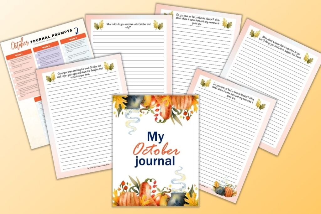 a preview of 6 October journal page printables and a cheatsheet with 31 journaling prompts for October. The front and center page is a cover page reading "My October Journal" with watercolor pumpkins and leaves on the top and bottom. Behind are lined journal pages with watercolor decorative elements. 