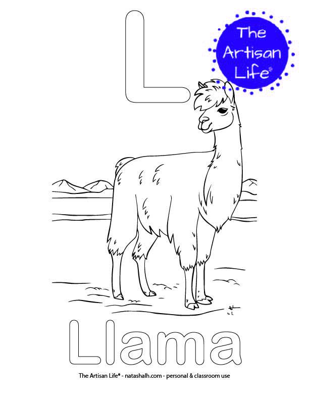Coloring page with L and Llama in bubble letters and a picture of a llama to color