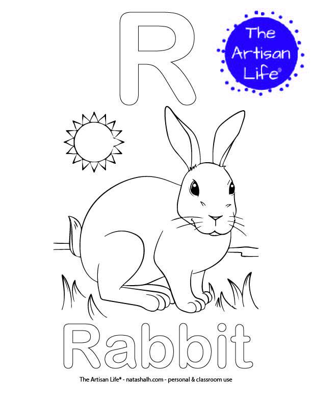 Coloring page with R and Rabbit in bubble letters and a picture of a rabbit to color