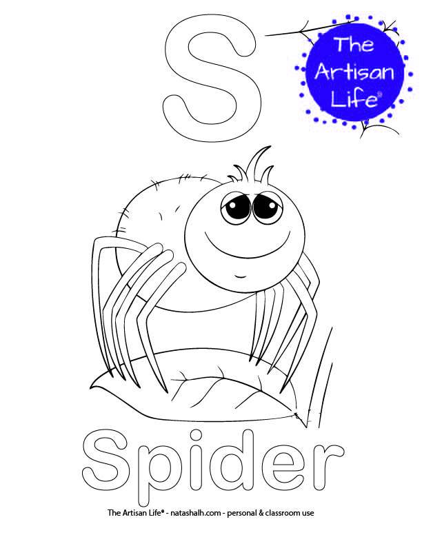 Coloring page with S and Spider in bubble letters and a picture of a spider to color
