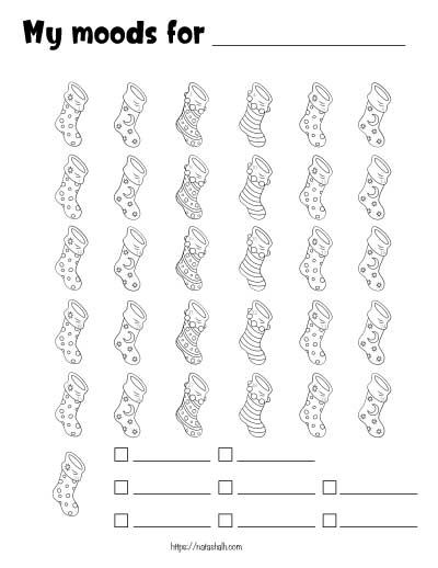 a mood tracker for December featuring 31 Christmas stockings to color and spaces to record a color key