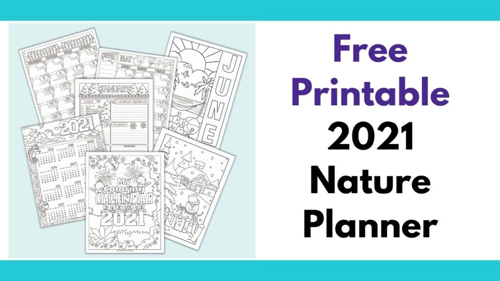 on the left is a light teal box with 7 preview images from a 2021 calendar featuring nature images to color. The front cover page with birds and flowers is front and center with pages for January and June visible in the background. On the right is the text "free printable 2021 nature planner"