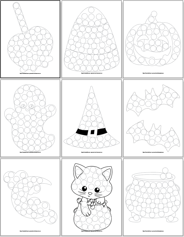 A 3x3 grid of do a dot marker printables for toddlers and preschoolers featuring Halloween images. From top to bottom, left to right the images are A candy apple
Candycorn, A jack o'lantern, A cute ghost, A witch hat, Two bats, A moon with clouds, A cute Halloween cat, and A cauldron