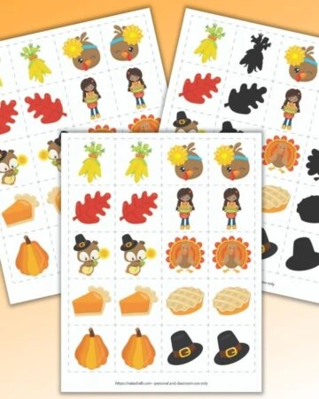 three printable Thanksgiving matching games on an orange background. All three versions feature 10 cute cartoon Thanksgiving images. The front and center game is a classic matching game with exact match images. Behind and to the left is a mirror image matching game. Behind and to the right is a shadow matching game.