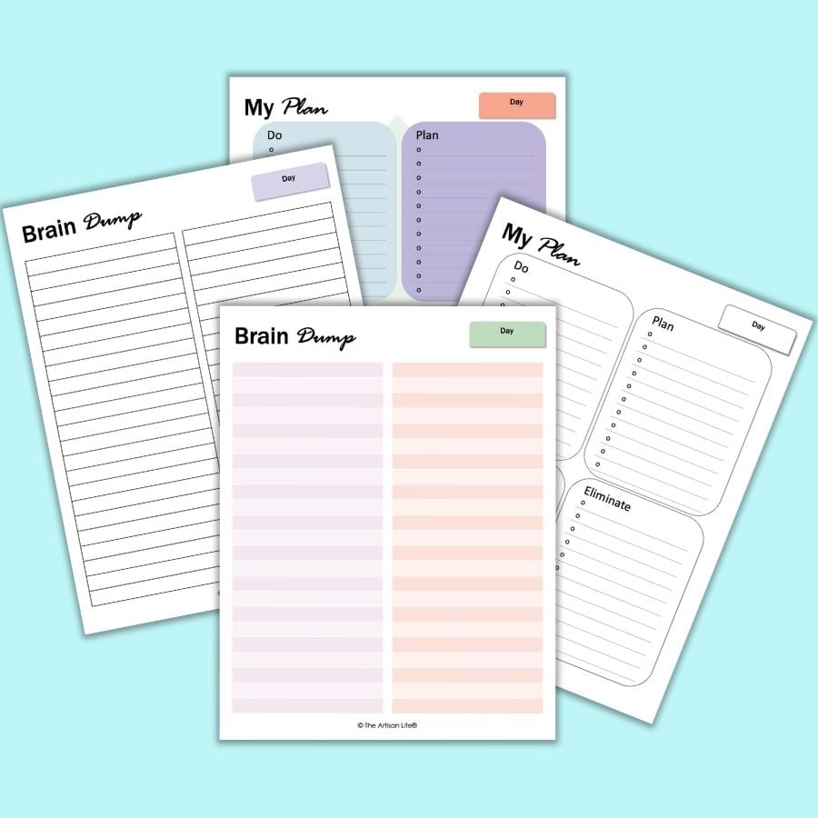 A square image with a preview of four printable brain dump planner pages. Front and center is a lined page with light purple and pink rows titled "brain dump." To the back and left is a black and white lined brain dump worksheet. On the right is a black and white brain dump organization page with lists to 'do, plan, delegate, eliminate.' In the center back is the same organization page with colorful boxes in blue and purple.