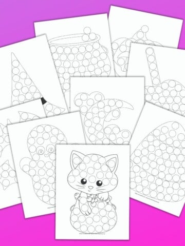 9 printable do a dot marker pages with a cute Halloween theme for toddlers and preschoolers. The pages are stacked on top of one another and are on a purple background