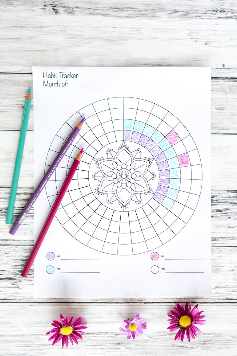 A printable circular habit tracker with a floral mandala in the center. The habit tracker is ยผ filled in with purple, turquoise, and pink. The colored pencils used are shown next to the habit tracker and there are three purple daisies below the printable