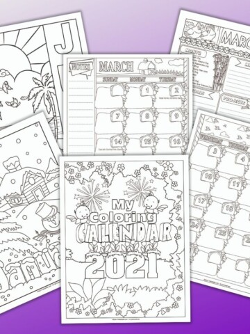 a preview of six printable black and white planner pages for 2021 on a purple to white gradient background. The front and center image is the planner cover. Behind are monthly cover pages for January and June with pictures to color and a three pages of planner printables for the month of March 2021