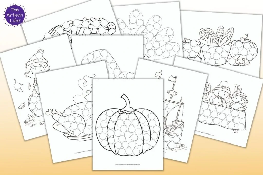 A preview of 9 printable do a dot pages for Thanksgiving. Pages include: A pumpkin
Thanksgiving roasted turkey
A pie
The Mayflower
A boy sitting on a pumpkin
Pumpkins with a bowl of corn
A pilgrim hat
A turkey
The First Thanksgiving