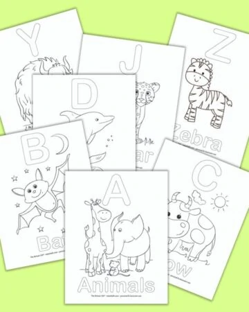 a preview of 7 printable alphabet coloring pages for preschoolers on a green background. Each page features an uppercase letter and a corresponding picture and word to color. For example, the front and center image has A - Animals with a picture of an elephant and a giraffe to color