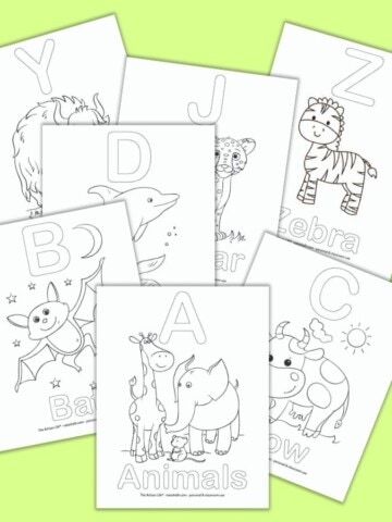 a preview of 7 printable alphabet coloring pages for preschoolers on a green background. Each page features an uppercase letter and a corresponding picture and word to color. For example, the front and center image has A - Animals with a picture of an elephant and a giraffe to color