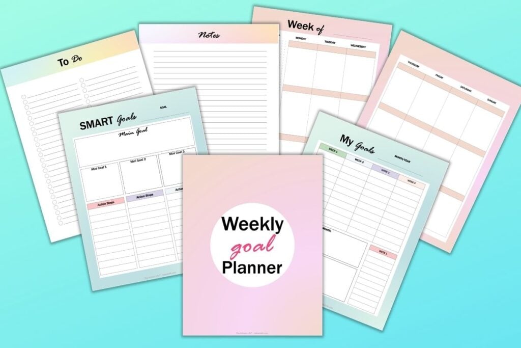 a preview of 7 colorful weekly goals planner printable pages on a blue background