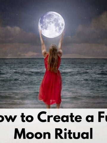 text overlay "how to create a full moon ritual" over a picture of a woman in a red dress at the beach. She seems to be holding a full moon in her hands.