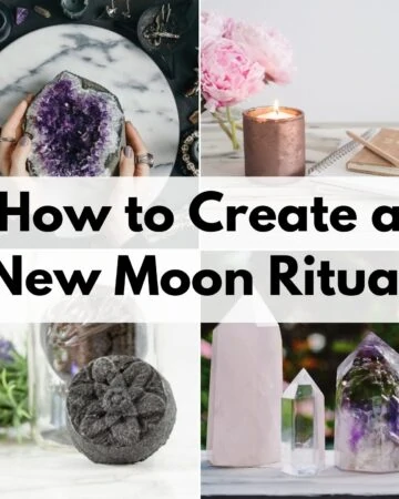 text overlay "how to create a new moon ritual" over a 2x2 image grid showing a woman holding a large amethyst crystal, a candle with a journal, an activated charcoal bath bomb, and three crystal points