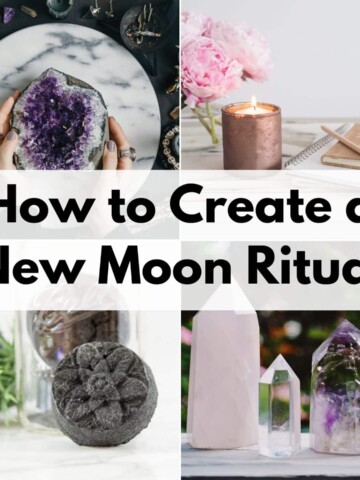 text overlay "how to create a new moon ritual" over a 2x2 image grid showing a woman holding a large amethyst crystal, a candle with a journal, an activated charcoal bath bomb, and three crystal points
