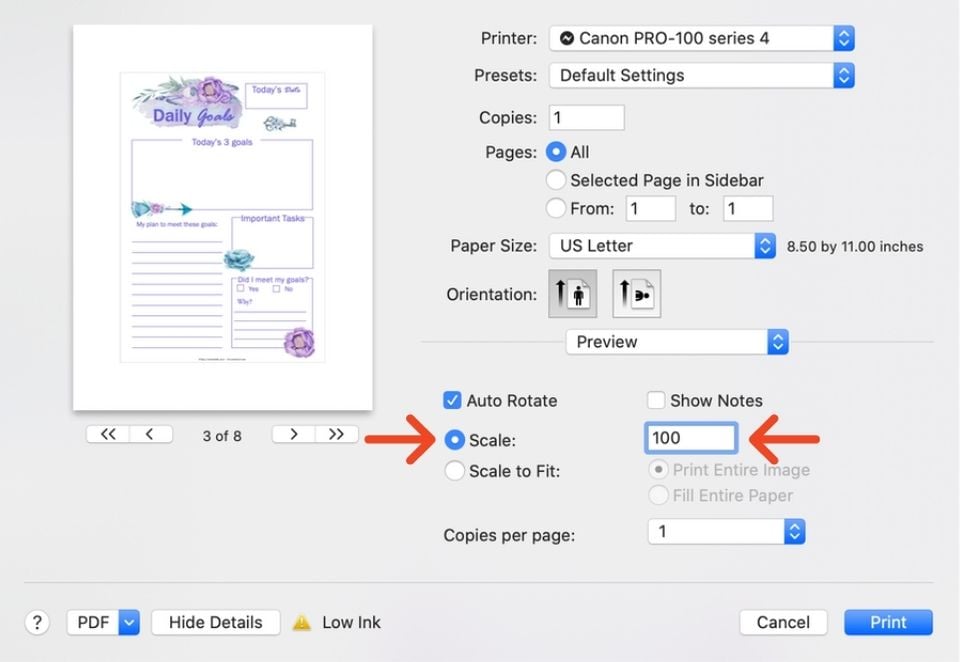 a print dialogue box in Preview showing printing at actual size for an A5 sized printable on US letter paper