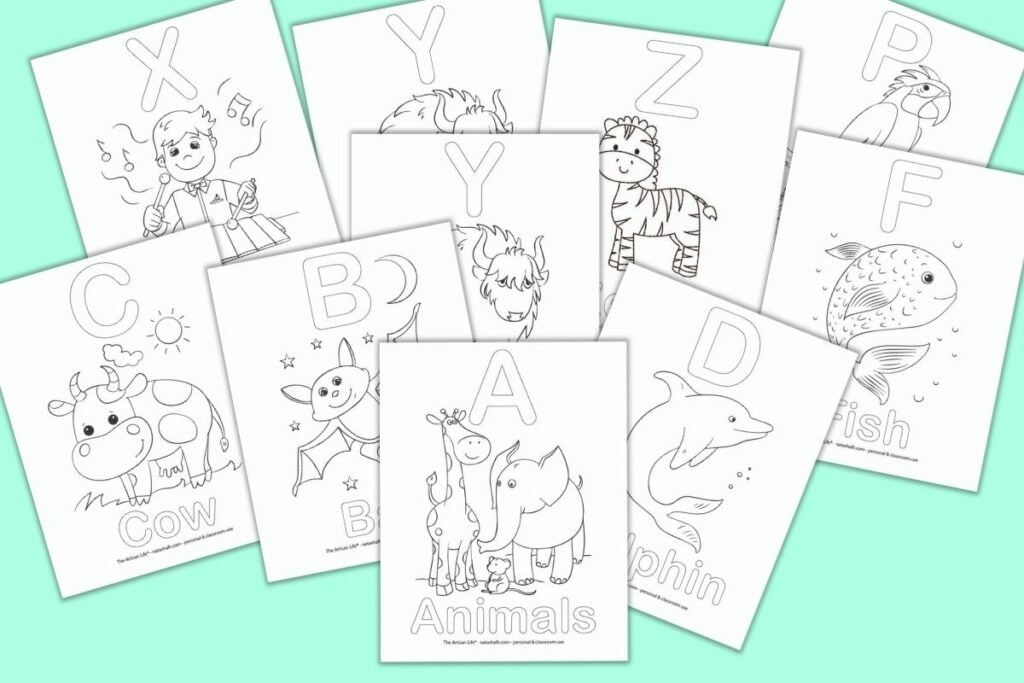 A preview of alphabet coloring pages for children on a light teal colored background. Each page has a bubble letter and a corresponding picture to color (for example B - Bat with a picture of a bat)