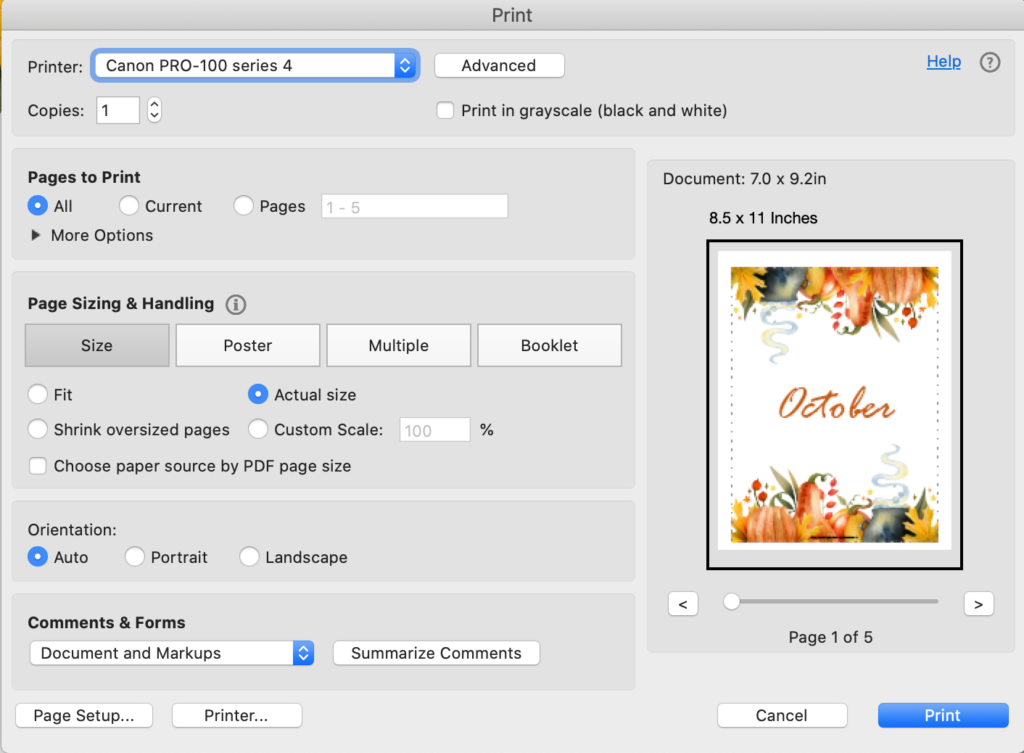 a print dialogue box from Adobe Acrobat reader showing printing a Happy Planner Classic sized printable cover page for October at actual size