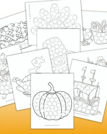 9 printable do a dot Thanksgiving coloring pages for preschoolers including a pumpkin, the Mayflower, the First Thanksgiving, corn, a pilgrim hat, a roast turkey, a pie, and a boy sitting on a pumpkin
