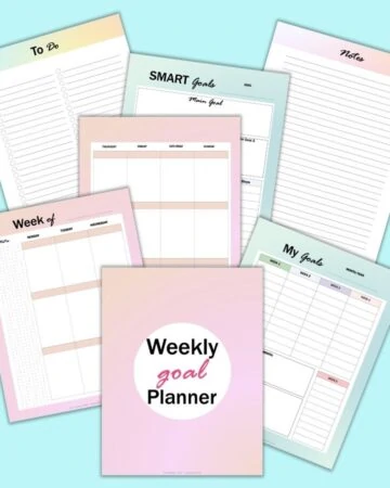 A preview of 7 colorful weekly goals planner printable pages on a light blue background