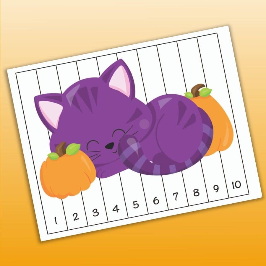 A printable Halloween number order puzzle with the numbers 1-10 and a purple cat curled up with two pumpkins