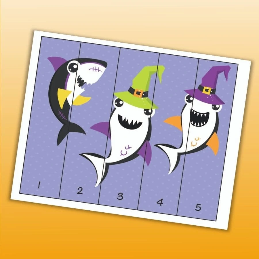 a number order puzzle with numbers 1-5 featuring three Halloween sharks on a purple background