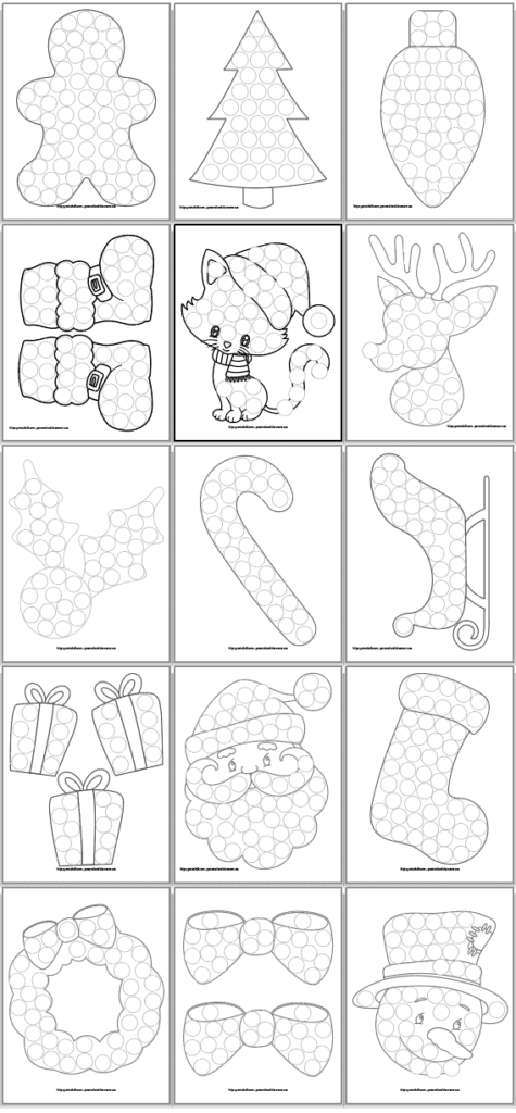 A 3x5 grid of do a dot printable coloring pages for toddlers and preschoolers. Images include: Gingerbread man
Christmas tree
Christmas bulb
Santa's boots
A Christmas cat
Rudolph
Holly
A candy cane
A sleigh
Presents
Santa
A stocking
A wreath
Bows
Frosty