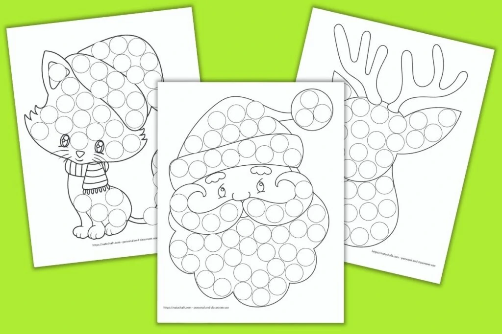 Three Christmas do a dot marker printables on a green background. Images include Santa's face, Rudolph's head, and a cute kitten wearing a Santa hat