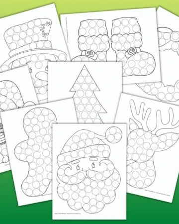 free printable Christmas do a dot pages for toddlers and preschoolers on a green background. Images include Santa, Rudolph, a gingerbread man, a Christmas tree, Frosty, Santa's boots, and a wreath.