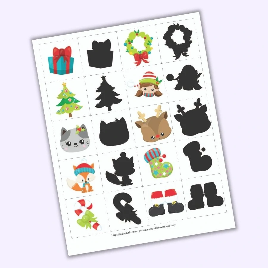 A preview of a Christmas themed shadow matching game for toddlers and preschoolers. There is a grid of 8 pairs of images on 2" cards to cut out. Images include a present, a Christmas tree, a cat face, a fox wearing a hat, a candy cane with a green bow, a wreath, a girl elf face, a Rudolph face, a green Christmas stocking, and Santa boots. Each image is shown next to it's "shadow" opposite with just a black fill instead of a colorful illustration. 