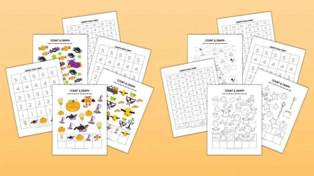 10 printable count and graph Halloween worksheets for preschool on an orange background. Half are in color and half are in black and white.