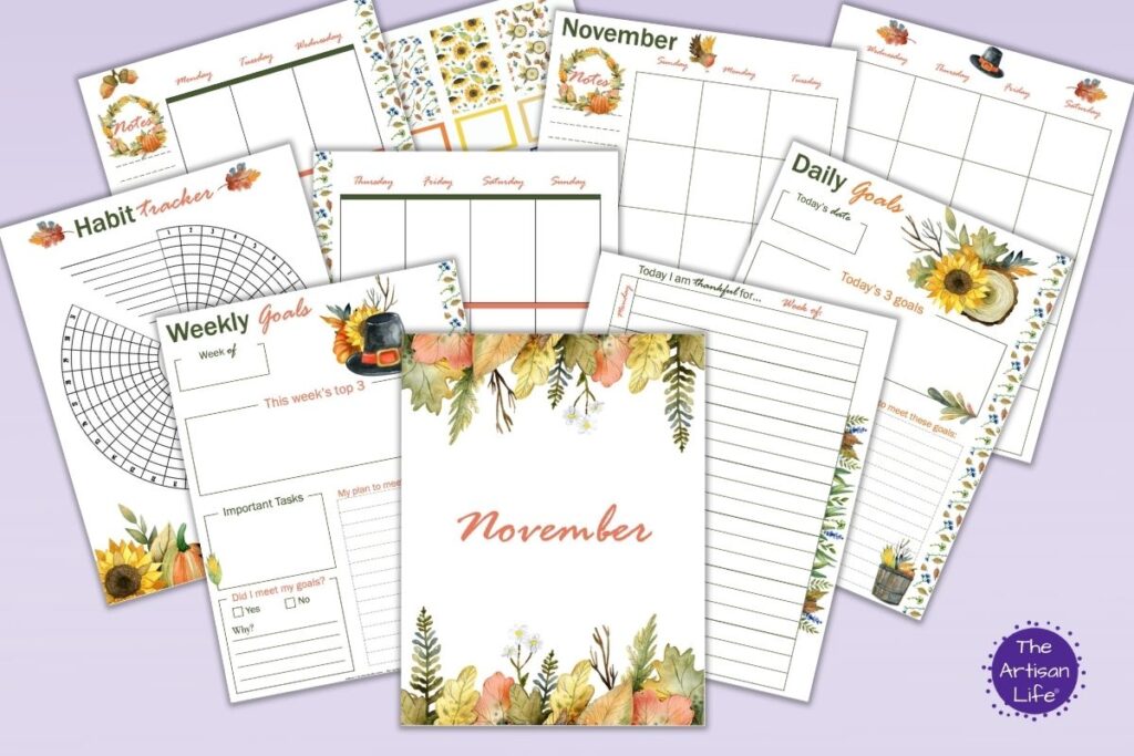 A preview of 10 printable planner inserts for November featuring fall watercolor florals. The images are arrayed on a light purple background.