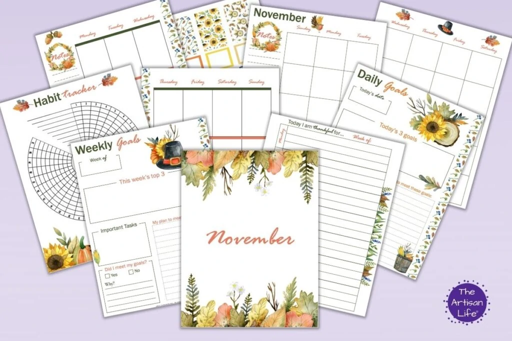 A preview of 10 printable planner inserts for November featuring fall watercolor florals. The images are arrayed on a light purple background.