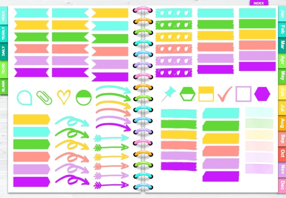 A preview of an open digital planner with a variety of digital washi tape and arrow stickers in bright teal, yellow, green, pink, and purple