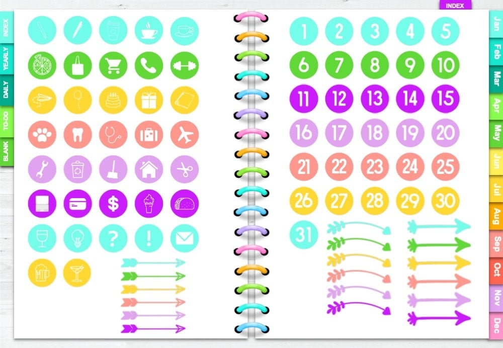 An open digital planner with a  variety of round functional planner stickers and date stickers in teal, green, purple, pink, and yellow
