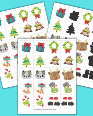 A preview of three Christmas themed matching games for toddlers and preschoolers. The front and center image has a grid of 8 pairs of images on 2" cards to cut out. Images include a present, a Christmas tree, a cat face, a fox wearing a hat, a candy cane with a green bow, a wreath, a girl elf face, a Rudolph face, a green Christmas stocking, and Santa boots. The other cards show the same images, but one set features mirror image pairs and the other set is a shadow matching game.