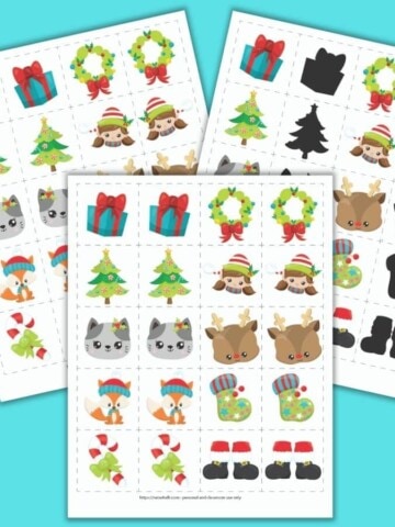A preview of three Christmas themed matching games for toddlers and preschoolers. The front and center image has a grid of 8 pairs of images on 2" cards to cut out. Images include a present, a Christmas tree, a cat face, a fox wearing a hat, a candy cane with a green bow, a wreath, a girl elf face, a Rudolph face, a green Christmas stocking, and Santa boots. The other cards show the same images, but one set features mirror image pairs and the other set is a shadow matching game.