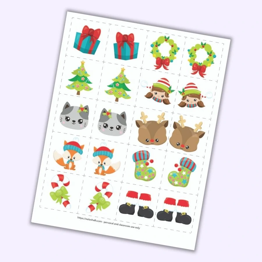 A preview of a Christmas themed mirror image matching game for toddlers and preschoolers. There is a grid of 8 pairs of images on 2" cards to cut out. Images include a present, a Christmas tree, a cat face, a fox wearing a hat, a candy cane with a green bow, a wreath, a girl elf face, a Rudolph face, a green Christmas stocking, and Santa boots. Each picture is on a card next to its mirror image opposite. 