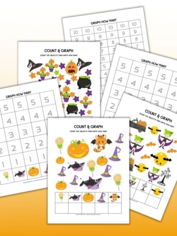 A preview of 6 printable Halloween themed count and graph worksheets with numbers 1-5 and 1-10 to count with preschoolers